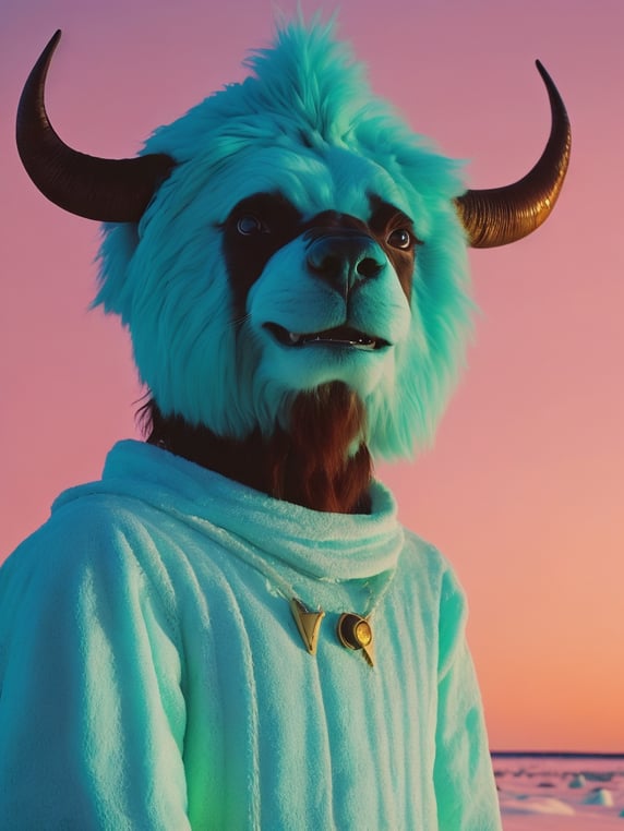 Screenshot from the film 2001 A Space Odyssey by Alejandro Jodorowsky, smiling viking Anthropomorphic buffalo creature in an ice desert North pole, Landscape photography, sunset northern lights, Wes Anderson photography, turquoise and pink white