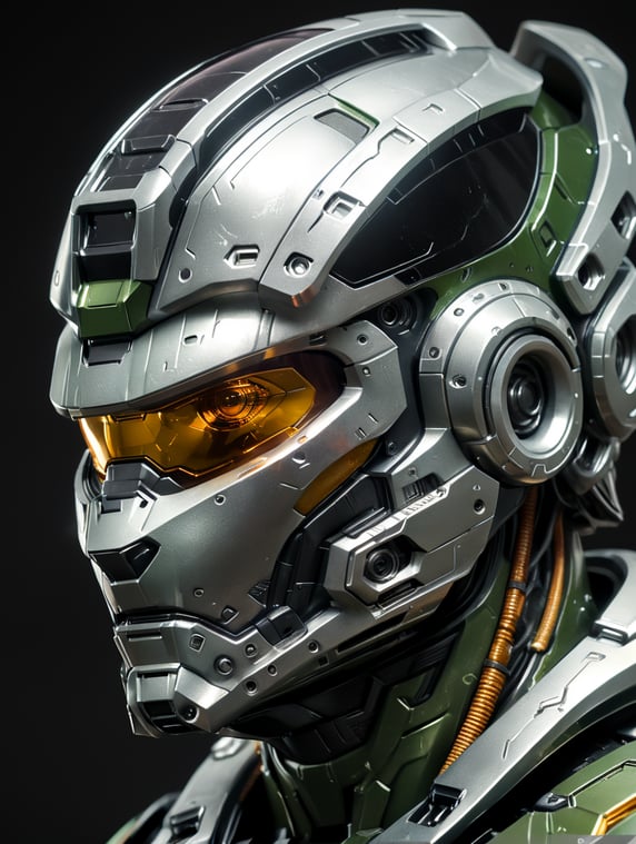 a super realistic professional very closeup detail photo of a modern futuristic character, master chief from halo the videogame, plastic silver glossy material with a rubber texture, a very close detail shot