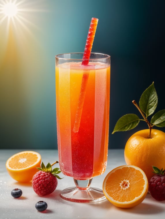 Translucent frozen juice stick on a stick, bright fluorescent color, Translucent frozen juice with small pieces of fruit frozen inside, a jelly-like substance, on a bright light background, professional shot, advertising shot, contrasting light, bright colors