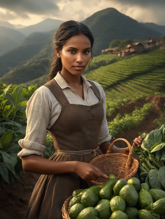 Portrait of a young, dusky and beautiful girl tea farmer from south america in a folk Latin american Dramatic Lighting, Depth of field,a tea mountain in the backdrop Incredibly high detailed,holding fresh tender tea vegetables in a hand