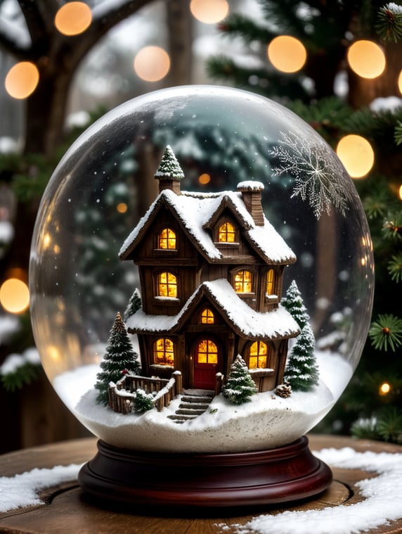 Christmas transparent ball with falling snow and fairy house, Santa, Christmas three