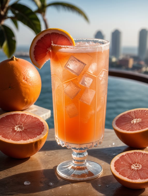 Grapefruit juice cocktail, with ice cubes in the glass and a salt rim, amazing photo, very realistic, elegant and tasty, photography, condensation, f2.8, 50mm lens, intricately detailed, 8k, cinematic production, highly detailed, highly realistic, sunny mexico in the background