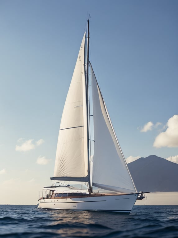 A white sailboat in the sea, sunny day, photorealistic, high detail, landscape, ultra hd, concept art, contrast light, deep colors, vibrant colors