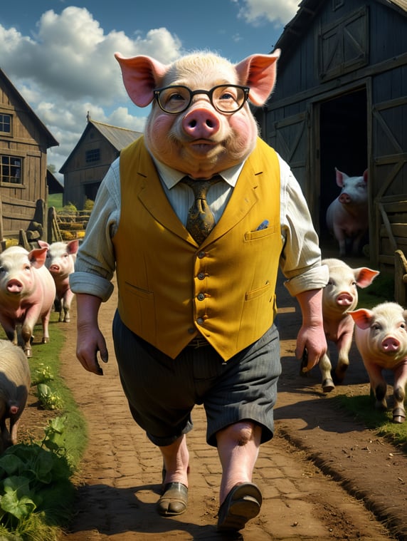 A very old but learned pig, wearing round glasses, walking through a farmyard wearing a mustard yellow waistcoat.