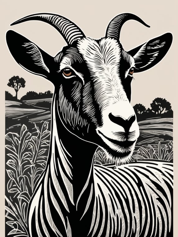 Black and white linocut Goat thick bold dark lines