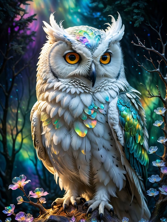 Iridescent dreamscape a majestic iridescent Majestic glass snow owl, night, aurora borealis, award winning, concept design, polycarbonate, visible quantum flowers internals art by lisa frank and karol bak and Kirsty Mitchell . surreal, ethereal, dreamy, mysterious, fantasy, highly detailed, perfect composition, iridescent background, digital painting, perfect_composition, energy, molecular, textures, iridescent and luminescent feathers, breathtaking beauty, pure perfection, unforgettable, impressive, breathtaking beauty, Volumetric light, auras, rays, vivid colors reflect
