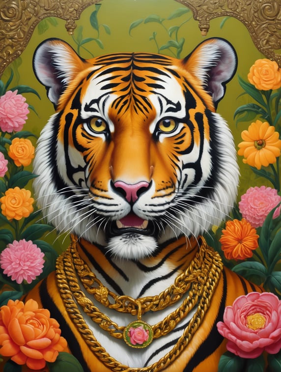 a brutal tiger with gold chain on neck, flowers background, flat color, style of Catherine Nolin, Painting, Acrylic, Oil, Portrait, Interior, USA