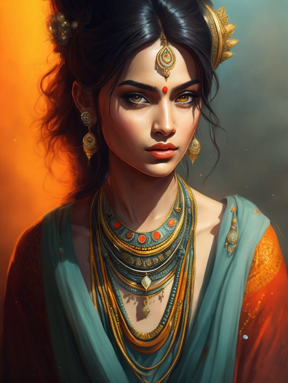 Portrait of a young, beautiful girl from India in a folk Indian dress and jewelry, Bright expressive makeup, Dramatic Lighting, Depth of field, Incredibly high detailed, bollywood