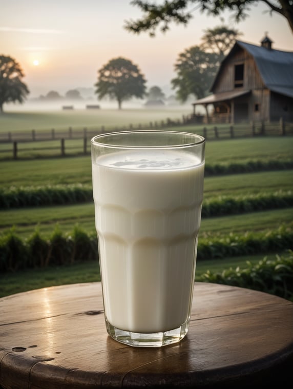 A mockup of a glass of milk, early morning, fog, farm blurred background