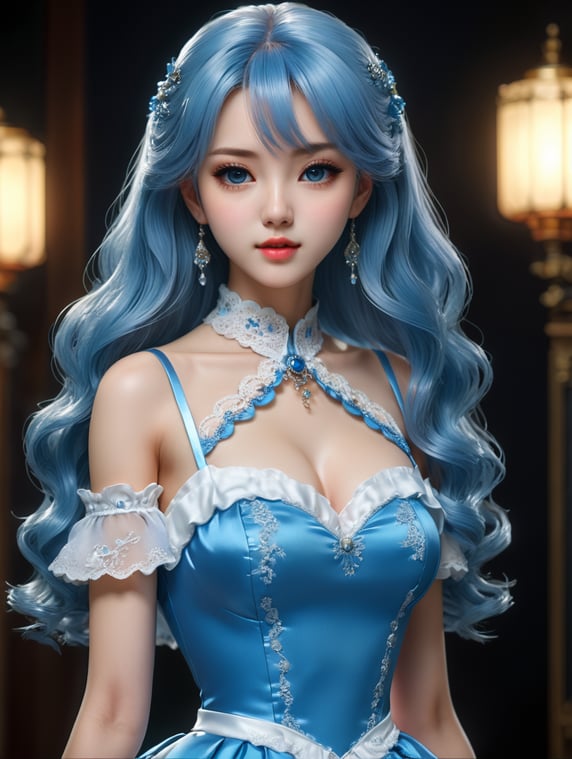 a woman in a blue dress posing for a picture, artdoll, anime barbie doll, ulzzang, korean idol, by Lü Ji, realistic cute girl painting, anime girl in real life, beautiful pale makeup, photorealistic anime girl render, white beautiful hair, ”beautiful anime woman, doll, korean girl, beautiful south korean woman, pale, female anime character