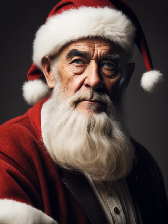Portrait of Santa Claus, bright and saturated colors, elegant, highly detailed, vogue, fashion magazine, sharp focus, bright expressive makeup, dramatic lighting, depth of field, incredibly high detailed, blurred background