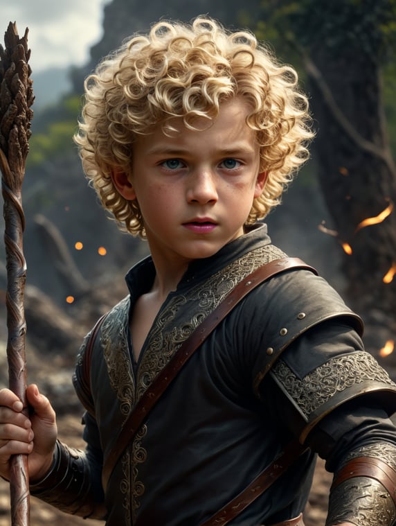 A blond boy with curly hair throwing a stick; Un niño rubio con pelo rizado tirando un palo