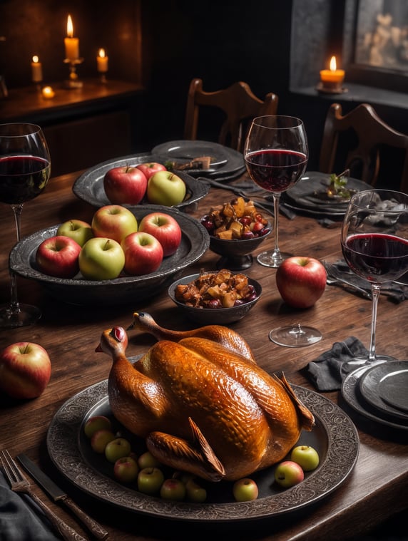 Photo of a baked duck with apples on a beautiful plate. Glasses of wine on the table.