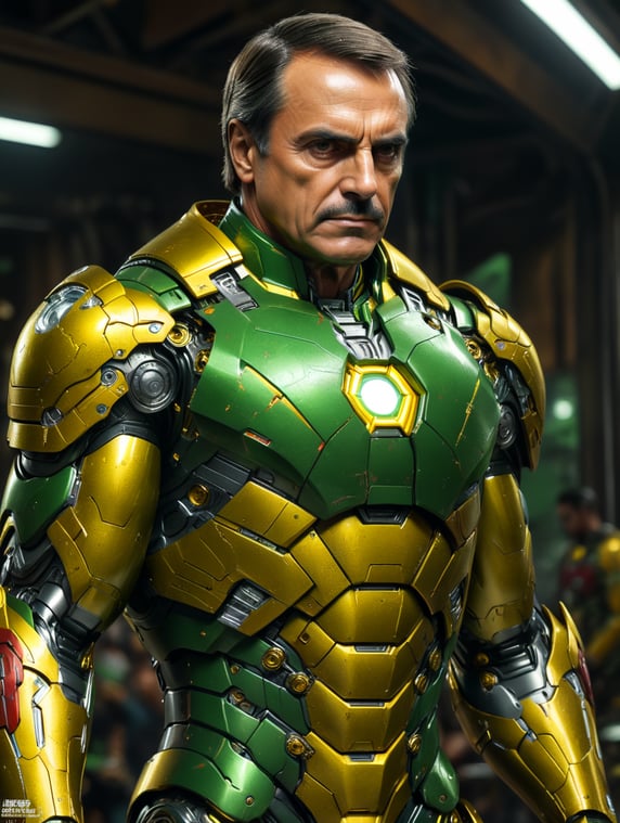 Bolsonaro wearing green and yellow iron man clothes; Bolsonaro com roupa do homem de ferro cores verde e amarelo