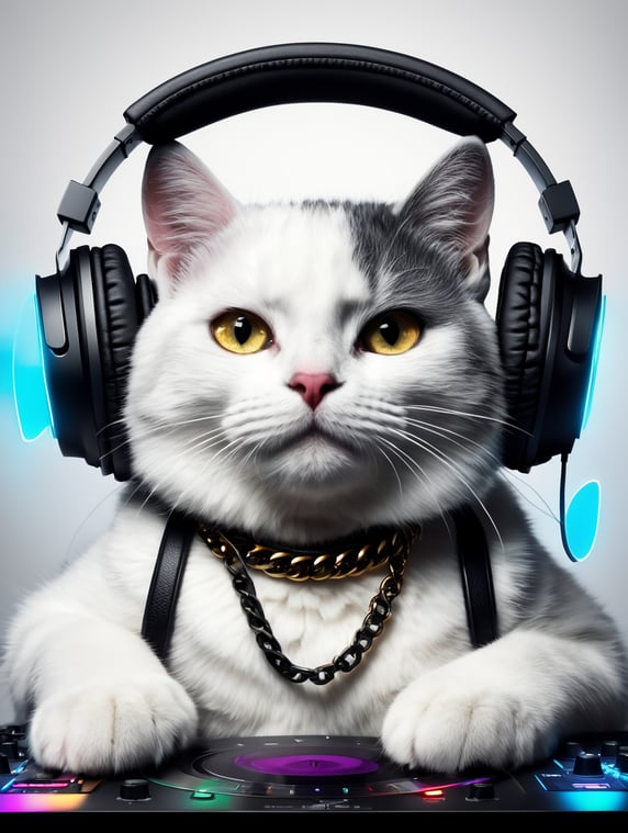 Black color cat DJ playing DJ set, wearing music headphones and gold chain, hall full of people having fun in the background, ultra realism, super detailed, neon colors