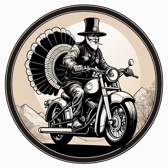 an illustration of a turkey with a pilgrim hat riding a motorcycle, 2d circular design, ink and pen illustration