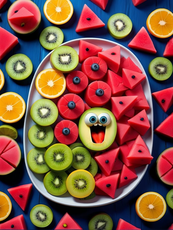 Colorful sliced fruit pieces, top view, watermelon, dragon fruit, kiwi, strawberry