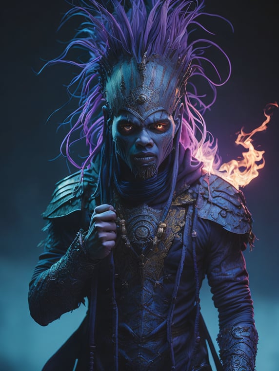 a witch doctor wearing a voodoo mask, surrounded by blue and purple flames, high quality cinematic lighting, fantasy, magical, dreamy, unique