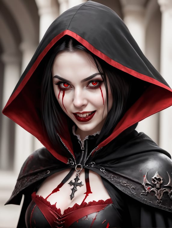 Vampire girl. 23 years. Red eyes. Pale skin. Black hair.Hood. Sadistic grin with bloody teeth. Bloody stain on mouth and cheeks. Wearing a black and red vampire outfit with cape. Carry a dagger in her right hand. Fight stance.