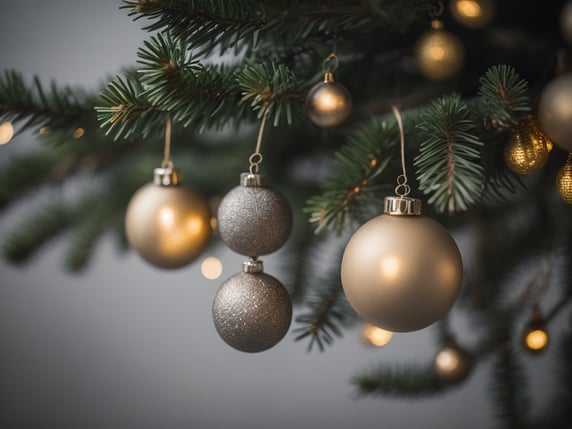 Christmas decorations in a fir branch; Ziemassvētku rotājumi egles zarā