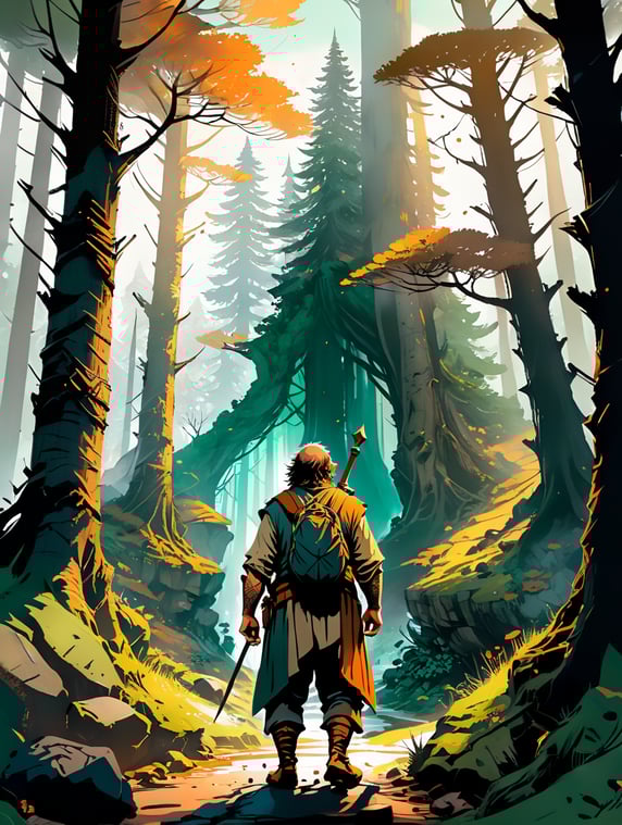 The happy hobbit, next to his dwarven friends in a beautiful forest with lots of light; O hobbit feliz, ao lado dos seus amigos anões numa linda floresta com muita luz