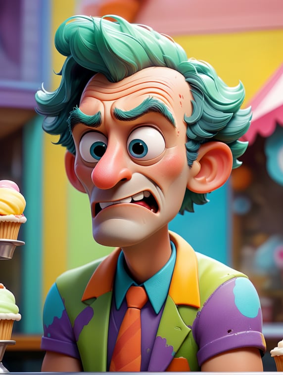 A portrait of the sad joker looking sad in an ice cream shop, in the style of a cartoon, bright and saturated colors, depth of field