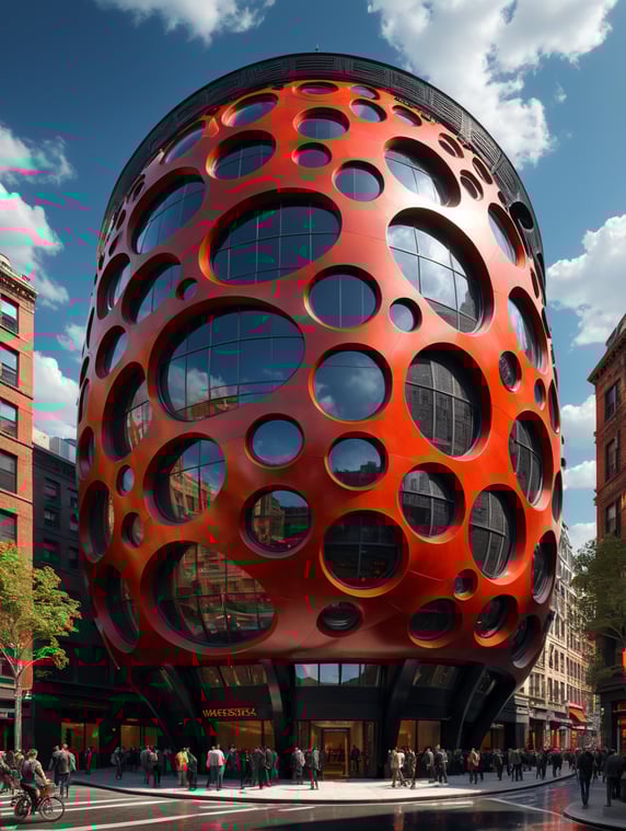 the craziest, bentwood, far view lens architectural modern style hyper realistic hyper detailed neocosmic exterior architecture design of a wasp Fluid complex facade, geometric shapes spectrum, black::1 red:3, Antoine Blanchard architecture art style, in new York city, dramatic ambient, natural lighting