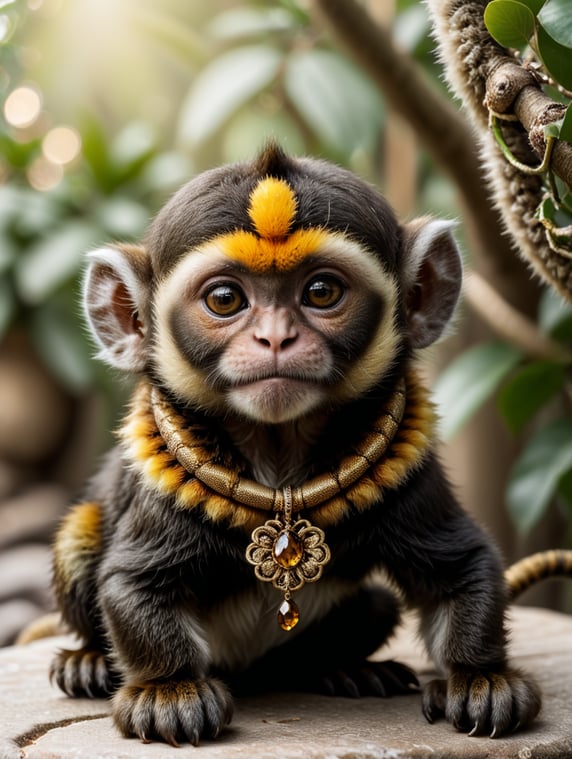 A cute fluffy monkey, happy, amber eyes, a scorpion tail, and a grey necklace,
