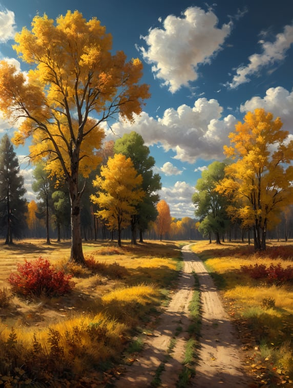 Impressionism style, joy, autumn warm sun, steppe grass, sky clouds, trees yellowing leaves, leaf fall; Стиль импрессионизм, радость, осень тепло солнце, степь трава, небо облака, деревья желтеющие листья, листопад