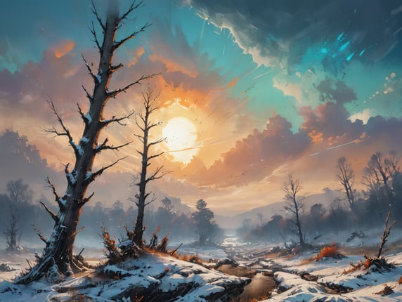 A small field covered in snow, viewed from ground level with a wintery sky.