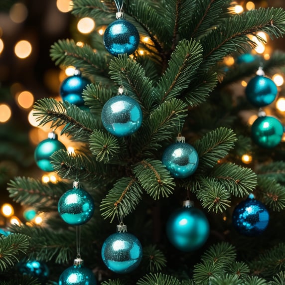 A close-up of a New Year's pine tree. Its branches are bright turquoise in color. On them are Christmas decorations.