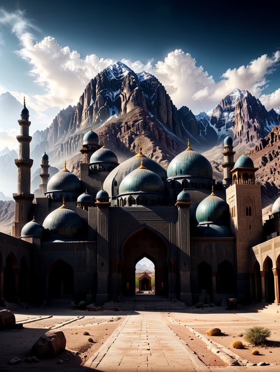 photo of the mosque with a background of desert and mountains during the day; photo masjid dengan latar belakang padang pasir dan pegunungan di siang hari