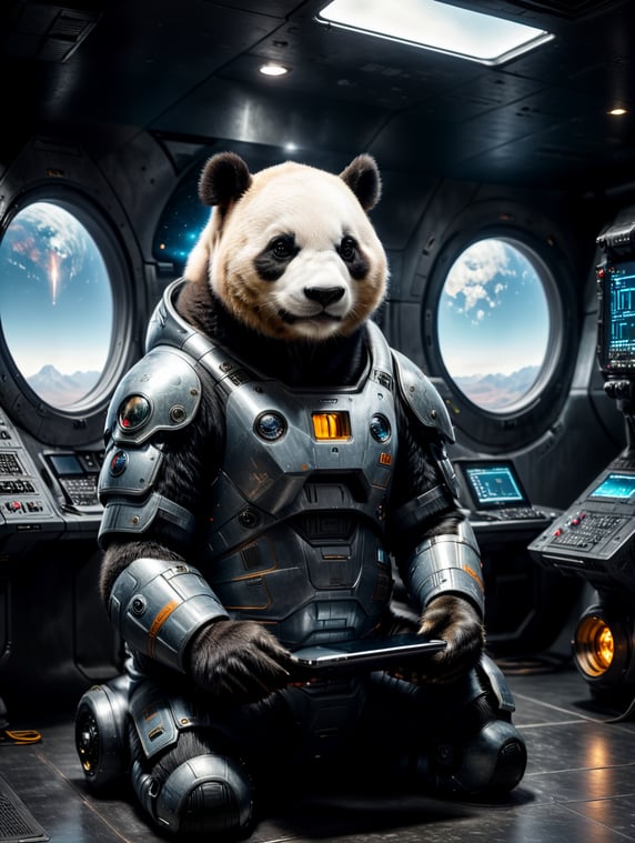 big panda in a space suit sitting on the floor of the space ship reading computer tablet