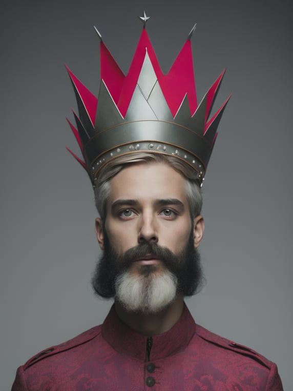 a man wearing a crown with pink paint on his face and a crown on his head by Alejandro Jodorowsky
