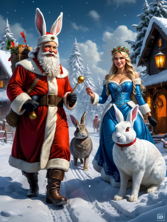 New year's card, Santa Claus and Snow Maiden, rabbit, deere, by Justin Gerard and Greg Rutkowski