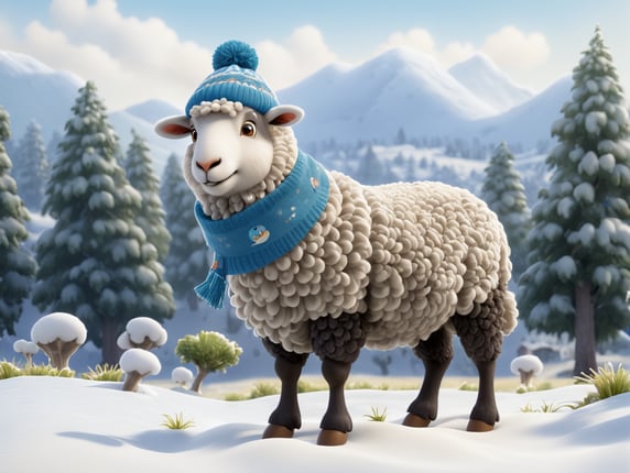 A wooly sheep wears a scarf and a hat standing on its hind legs in a field of snow