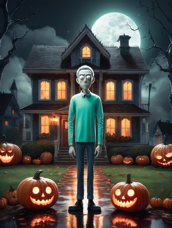 A real life version of Morty from the Rick & Morty cartoon stands in front of a spooky background with a house, car, and pumpkins. The scene is set at night with a puddle of blood and a house with lit windows.