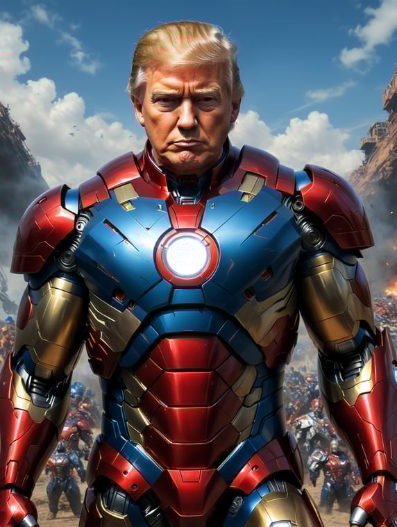 Donald Trump in Iron Man outfit without helmet blue, red and white colors; Donald Trump com roupa do homem de ferro sem capacete cores azul, vermelho e branco
