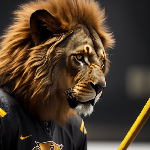 hockey stick, dark black and yellow color, sport, young lion head, light and dark, sport style, action, sport dress, close up, micro photo, portrait, photo