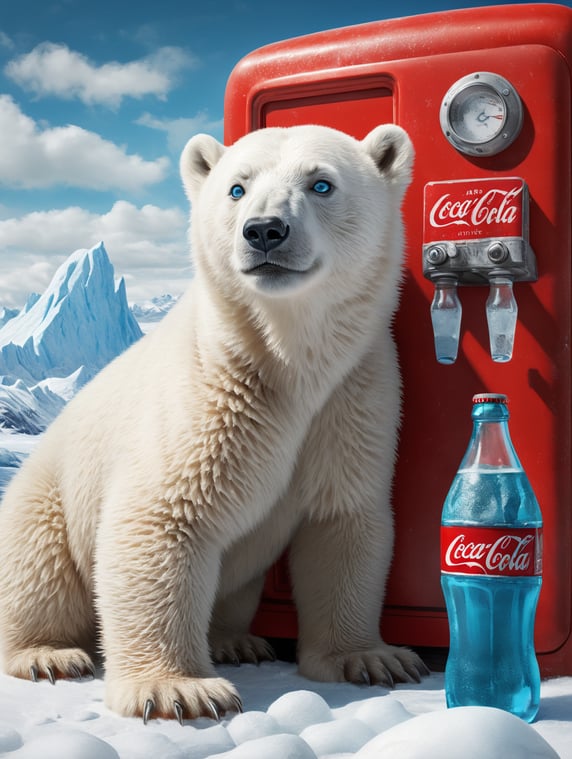 A white polar bear cub with sky blue eyes sits in front of a large red refrigerator in Antarctica and drinks from a bottle of Coca-Cola. Icebergs can be seen in the background. The sky is bright blue.; Ein weißes Eisbärbaby mit Himmelblauen Augen sitzt vor einem großen roten Kühlschrank in der Antarktis und trinkt aus einer Flasche Coca-Cola. Im Hintergrund sieht man Eisberge. Der Himmel ist strahlend blau.