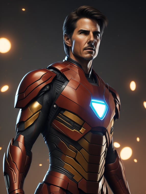 Create a super detailed 8k image of Tom Cruise inside the Iron Man armor; Crea un Immagine super dettagliata in 8k di Tom Cruise dentro all'armatura di Iron Man