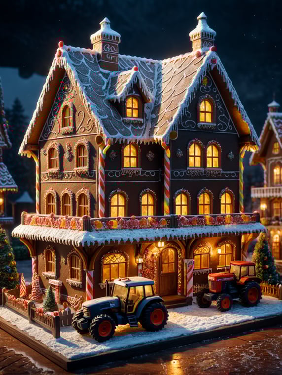 Ginger bread house with for sale sign and a tractor