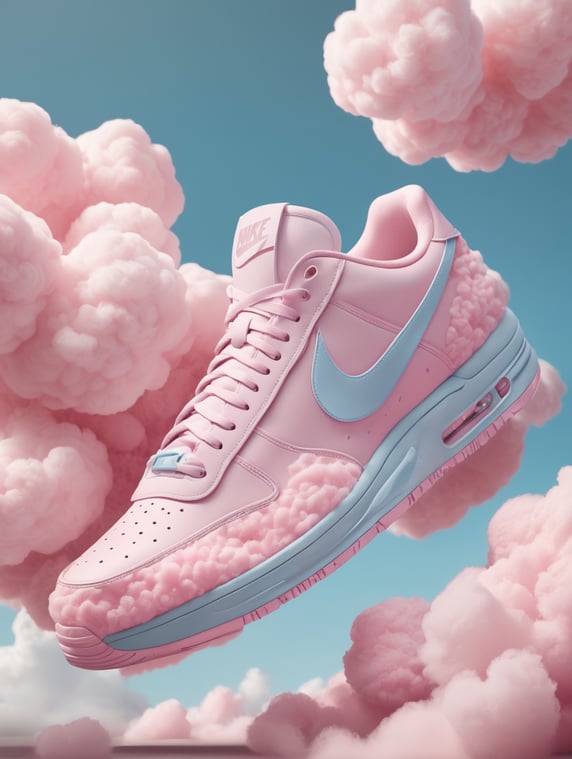 Nike sneaker concept, made out of cotton candy clouds , luxury, futurist, stunning unreal engine render, product photography, 8k, hyper-realistic. surrealism