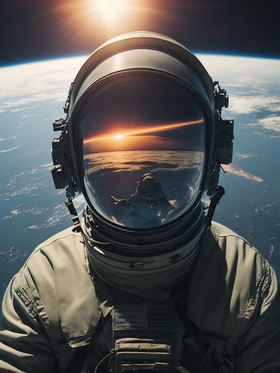 an astronaut looking at space and earth from his spaceship, the earth is seen in the distance, and the sun is just rising over the planet; un astronauta viendo el espacio y la tierra desde su nave espacial, la tierra se ve a lo lejos, y el sol apenas está amaneciendo sobre el planeta