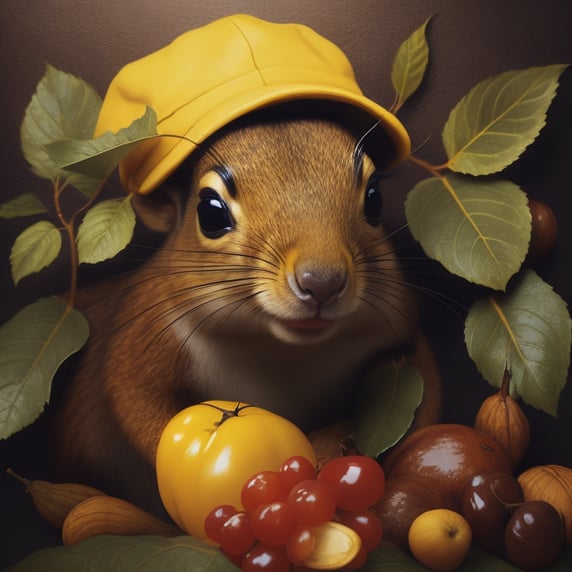 Portrait of a squirrel holding grapes and nuts, in a yellow cap, leaves, vector, vintage, illustration; Портрет білки яка тримає в руках виноград і горішок, в жовтій кепці, листя, вектор, вінтаж, ілюстрація
