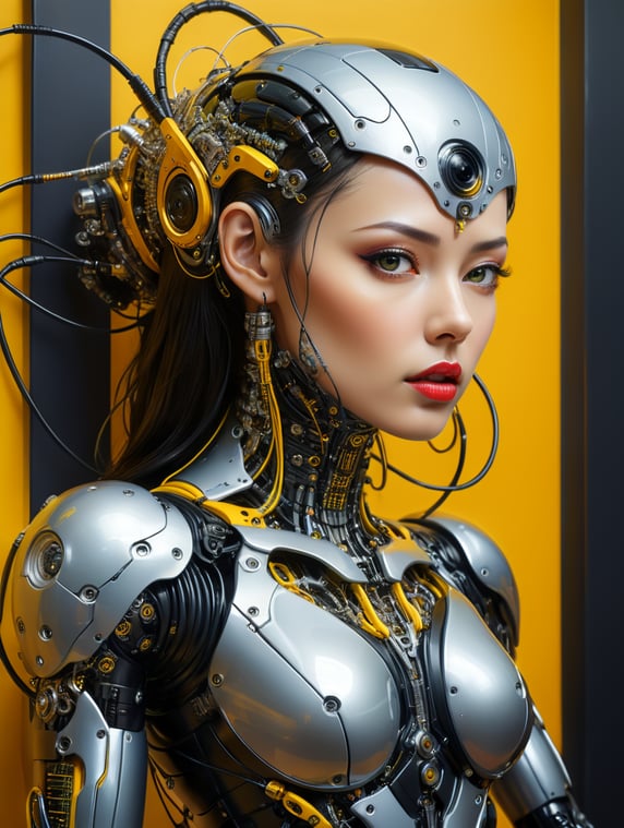 Half body photography, in front of a yellow wall, a futuristic cyborg woman, full of cables and wires and led, an well shaped transparent dark plexiglass latex body plc robots with silver motor head, 80 degree view, art by sergio lopez, natalie shau, james jean and salvador dali