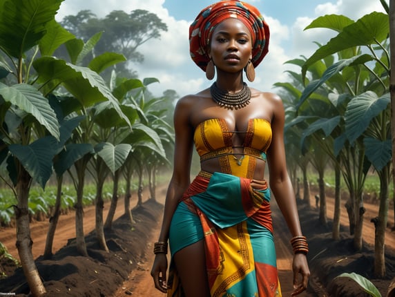 8K Ultra HD, highly detailed, 3d render, awesome full colour. High quality, 8K Ultra HD, full body, highly detailed, very african, Create the image of a Nigerian maiden being callously indifferent in a very dense cassava farm, she is keeping her hands akimbo, she is wearing Nigerian print fabric, Ishe is looking dirty and worn out as a result of the chaos, mage should be very epic and hyper realistic with full awesome colours