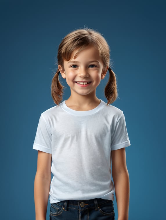 a boy and girl wearing white t-shirts, standing in front of blue background, blank shirts no print, 16 years old smiling toddlers, photo for apparel mock-up