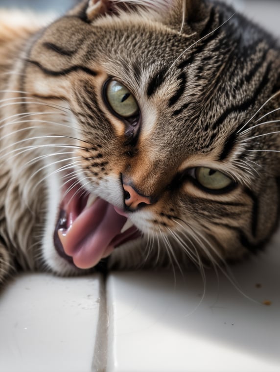 cat lying down with its tongue out, HQ style malvel comics; gato deitado com a língua pra fora, estilo hq malvel comics