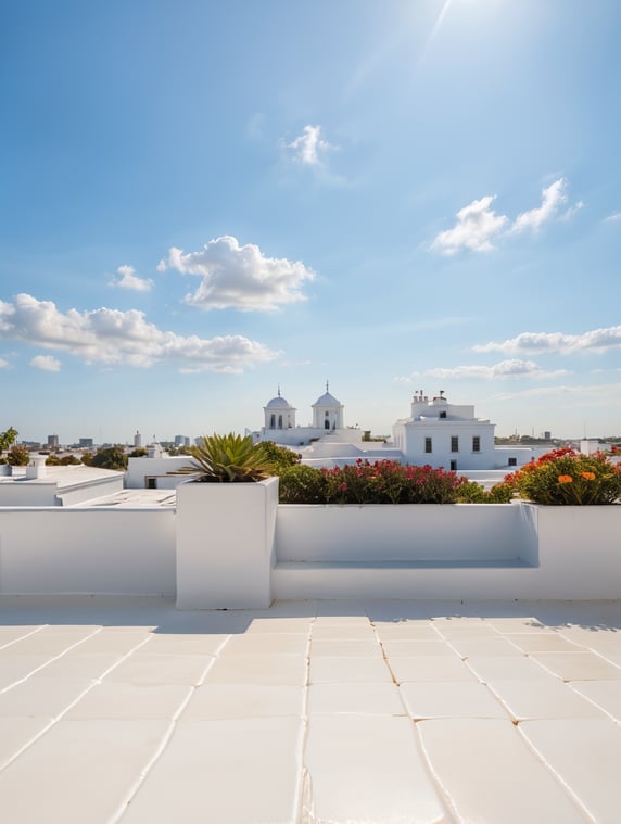 White rooftop with colorful plants. At the background are flat rooftops of other White House’s in the style of a Spanish village. Blue sky, high detail. The perspective should be as if it had been photographed by a person sitting on the roof and holding the camera straight towards the horizon
